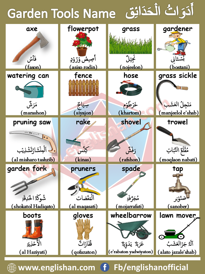 Garden Tools Voary In Arabic And English With Image - Basic Garden Tools Pictures And Names