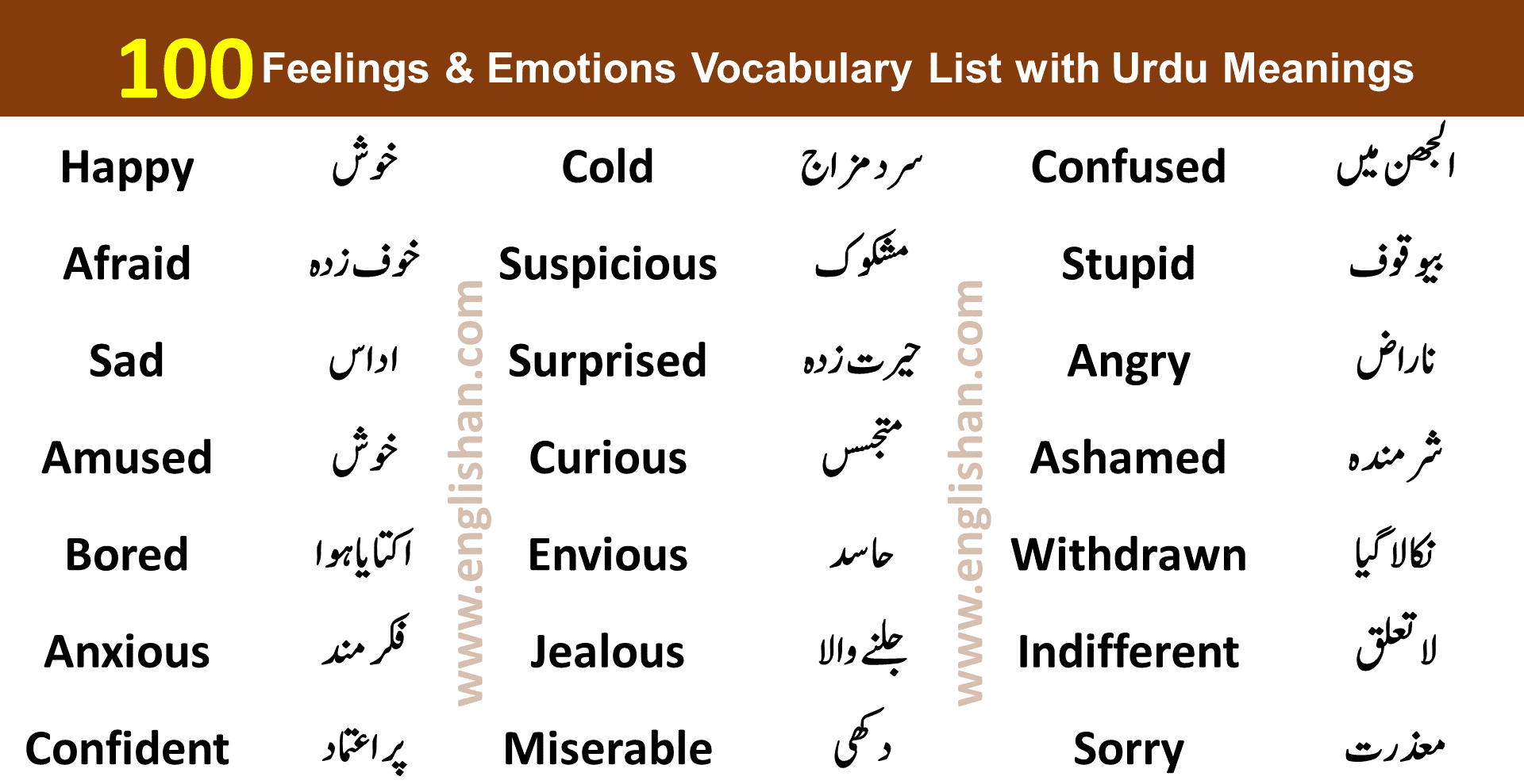 Feeling and Emotion Vocabulary List with Urdu PDF