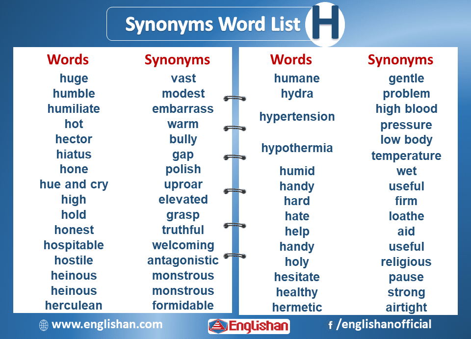 Synonyms List A To Z | Synonyms List H