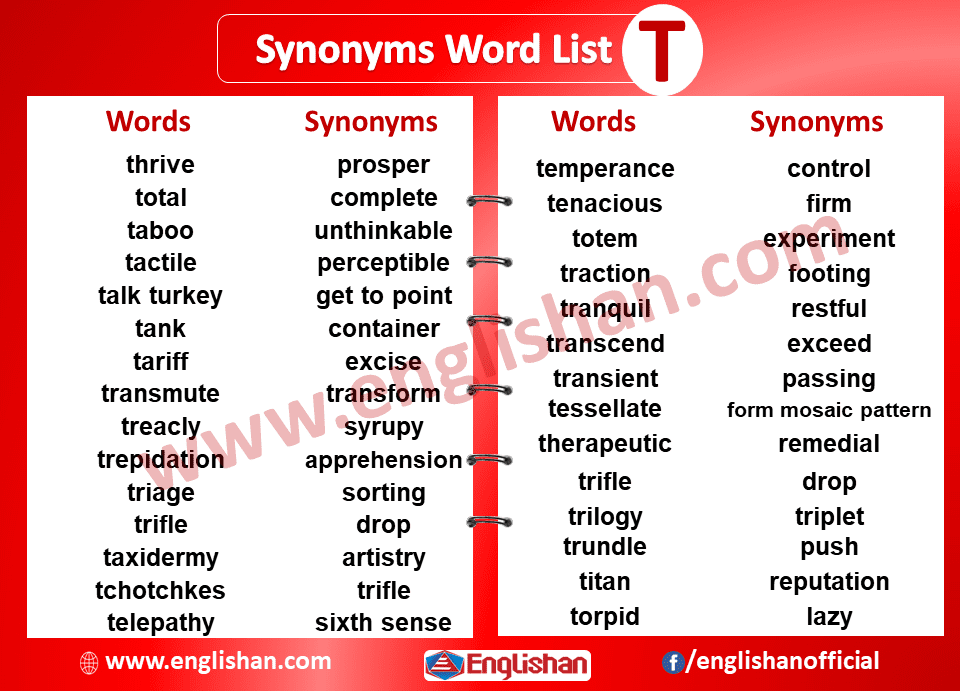 Synonym Words List T
