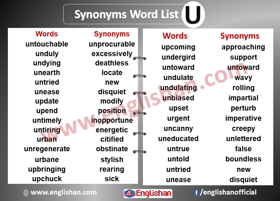 Synonym Words List U