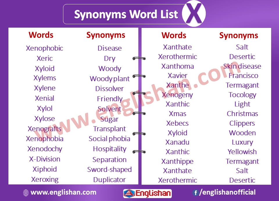 Synonyms Word List X