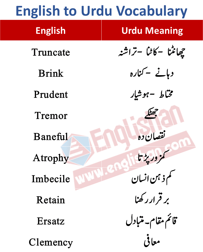 50 Most Commonly Used English Words with Urdu Meanings  Good vocabulary  words, English vocabulary words learning, Good vocabulary