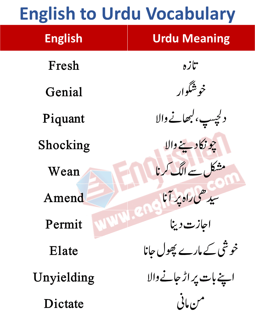 1000 English Words With Urdu Meaning