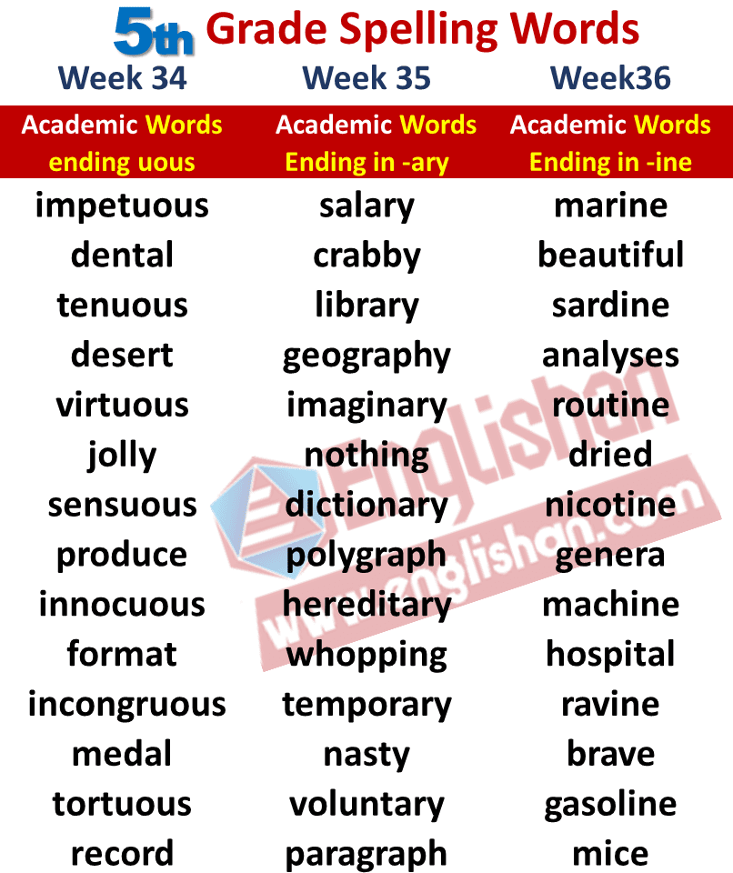 5th Grade Spelling Words List
