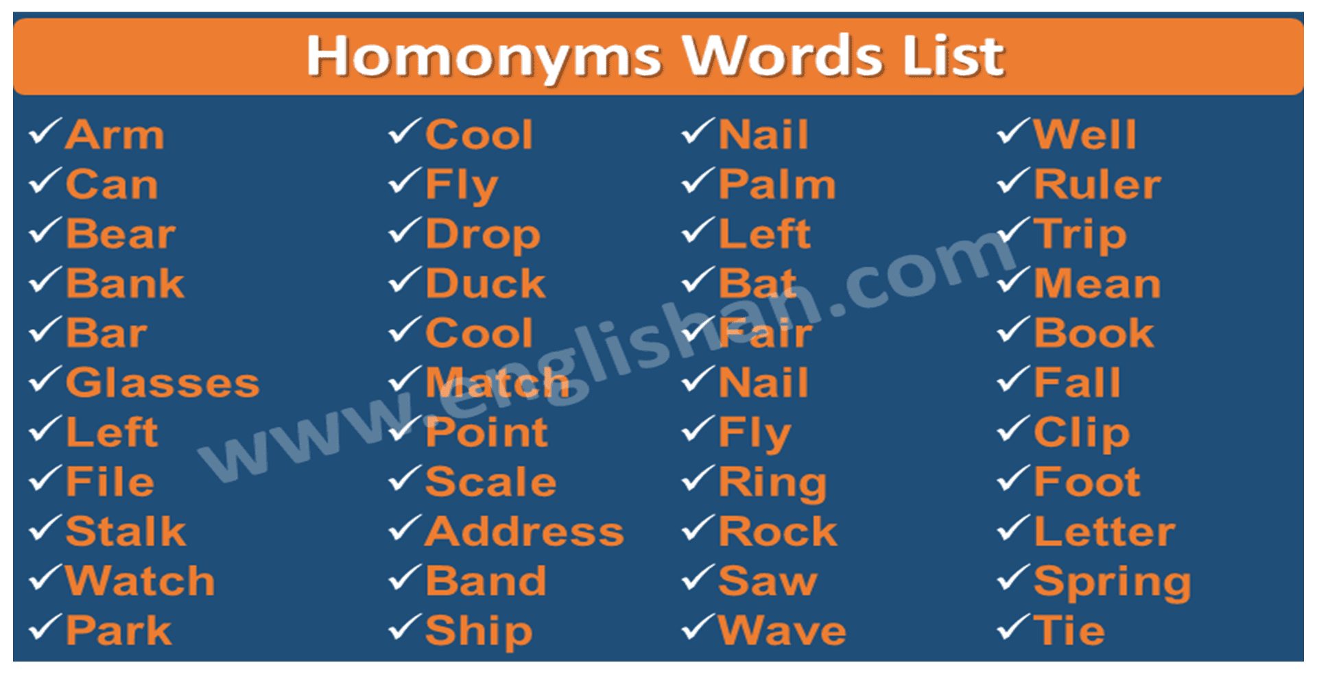 100 Homonym Words List With Sentences Englishan