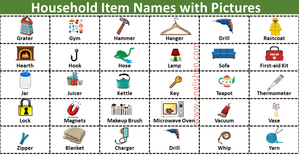 100+ Household Items Names In English • Englishan