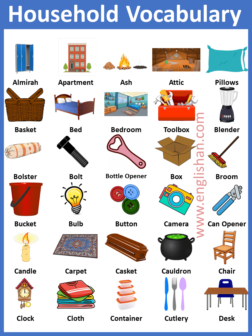 100 + Household Items Names in English with Pictures PDF