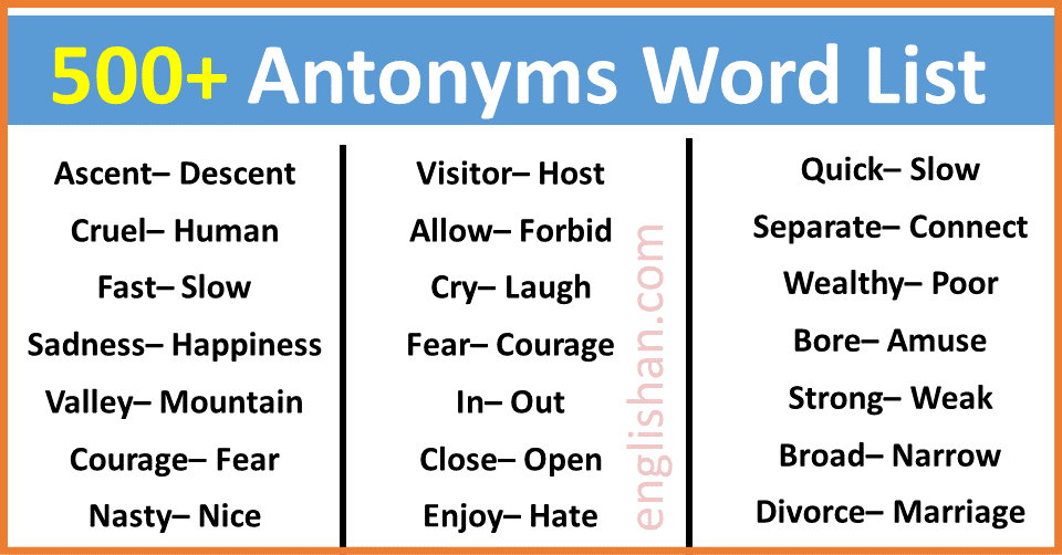 500 Common Antonym Words List With Examples Englishan