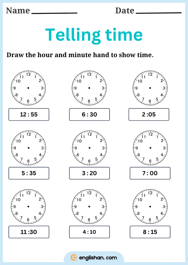 draw the minute and hour hand to match the time worksheet