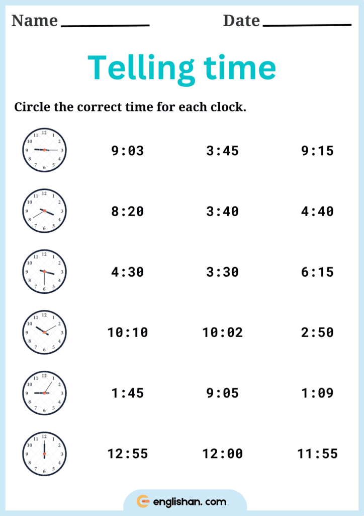 circle the correct time for each clock worksheet