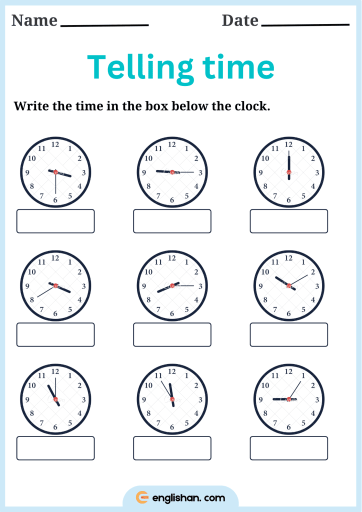 write the time in the box below the clock worksheet