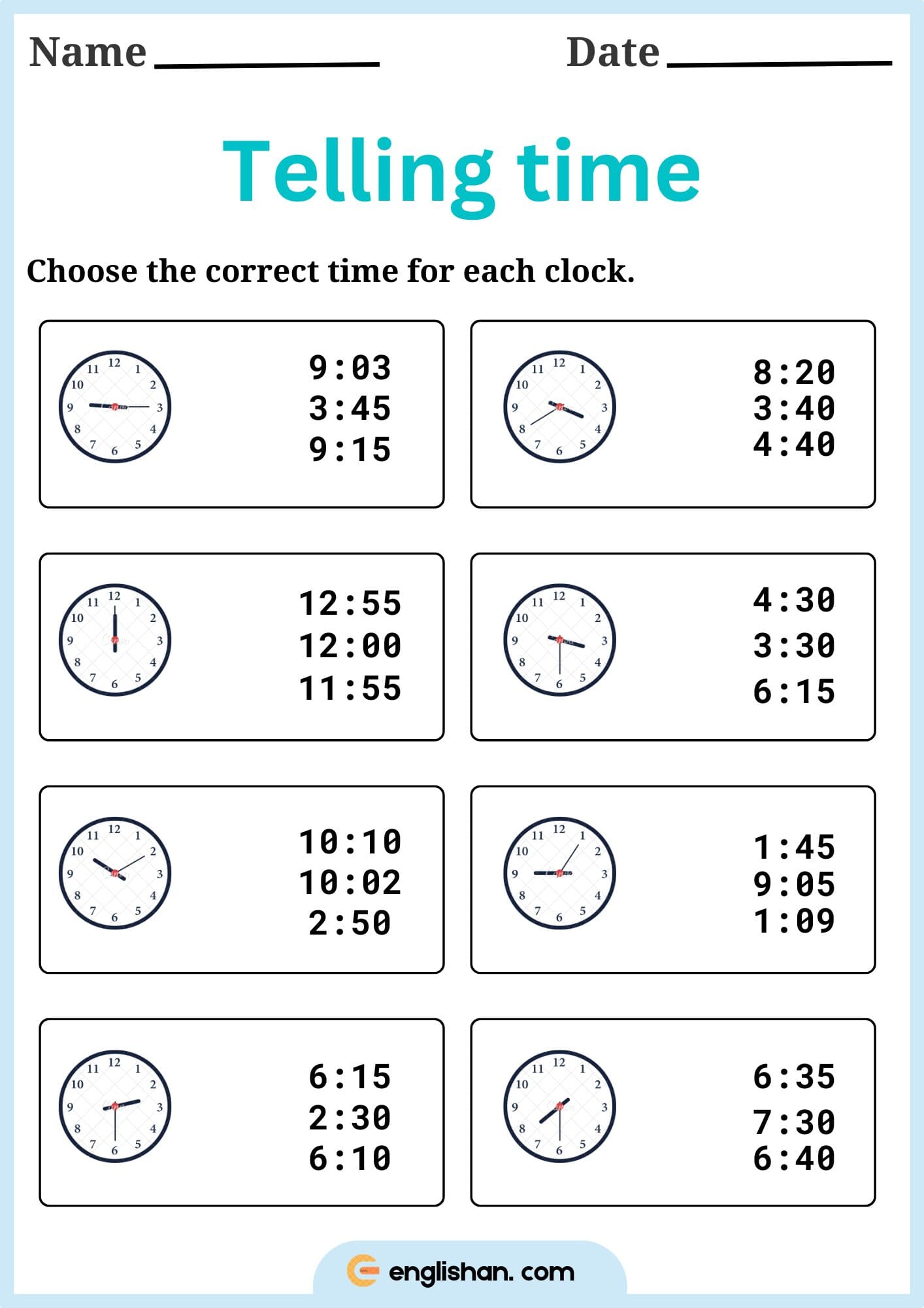 choose the correct time for each clock worksheet