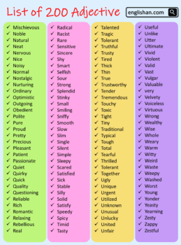 200 Adjectives With Meanings In English • List Of Adjectives