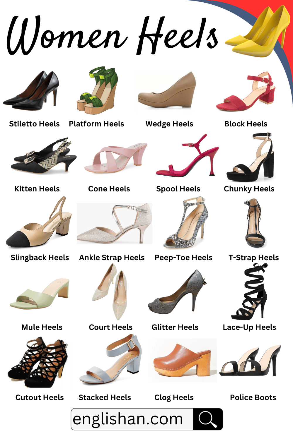 List Of Types Of Heels In English