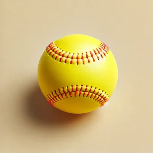 bright yellow softball with red stitching