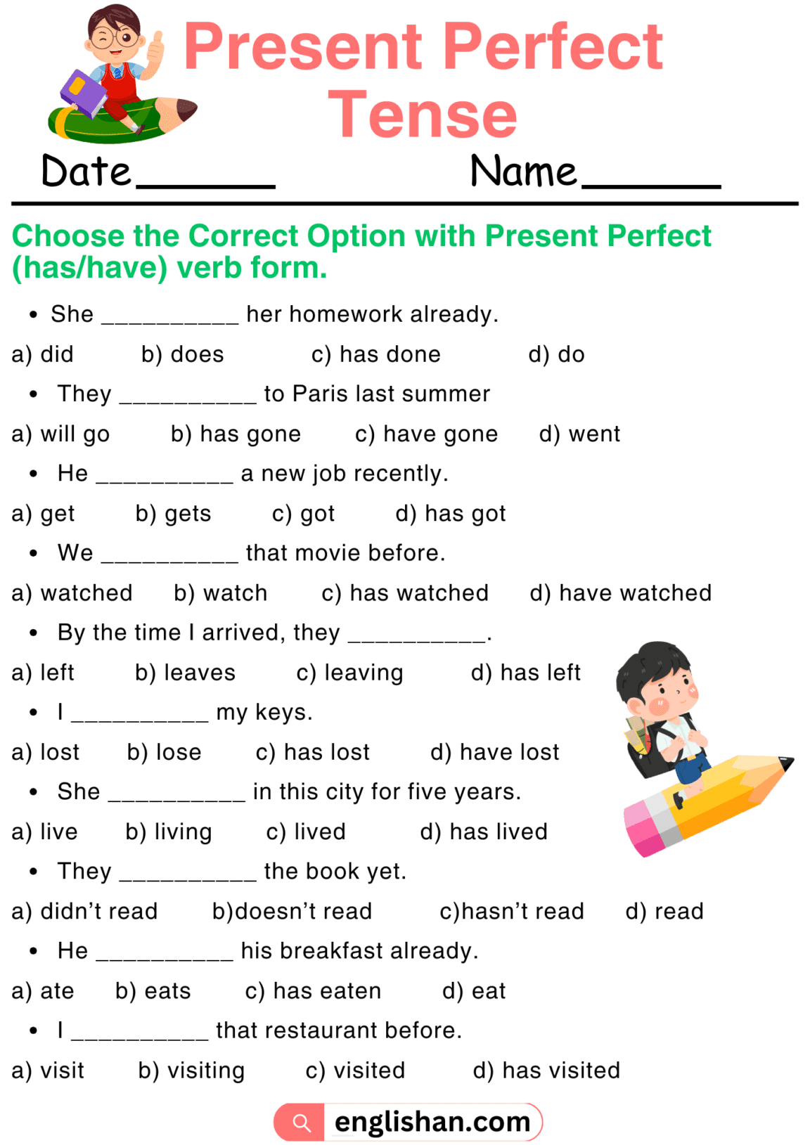 Present Perfect Tense Worksheets and Exercises with Answers