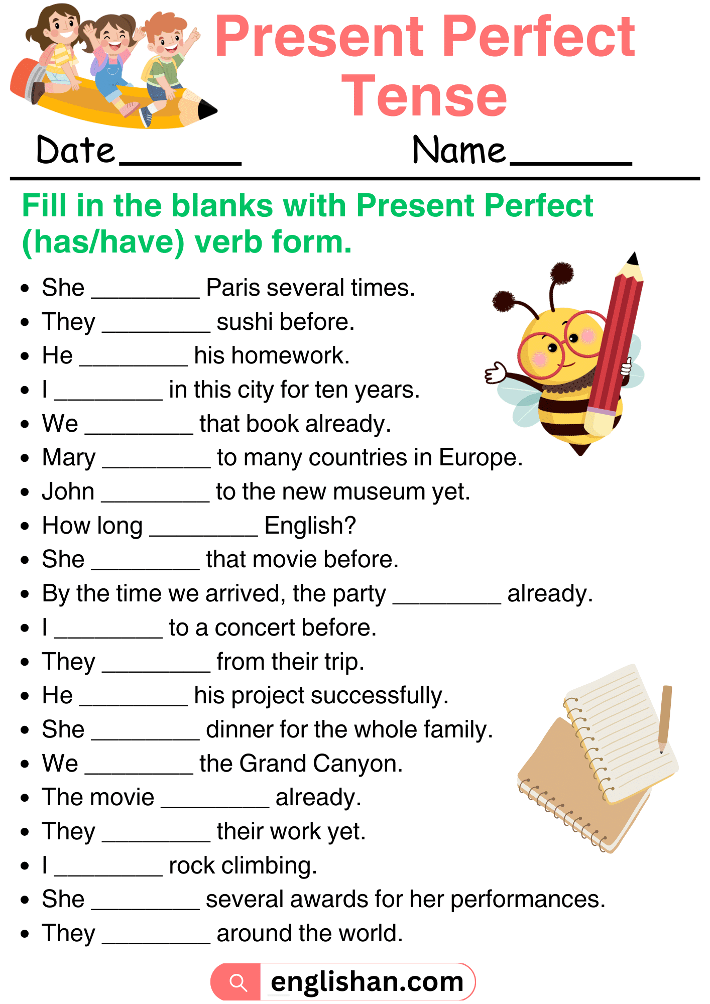 20 sentences using present perfect tense Worksheet