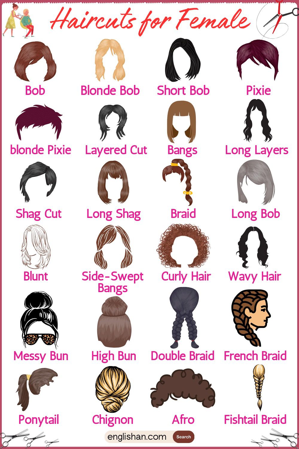 Haircuts for Female with Pictures Names In English • Englishan