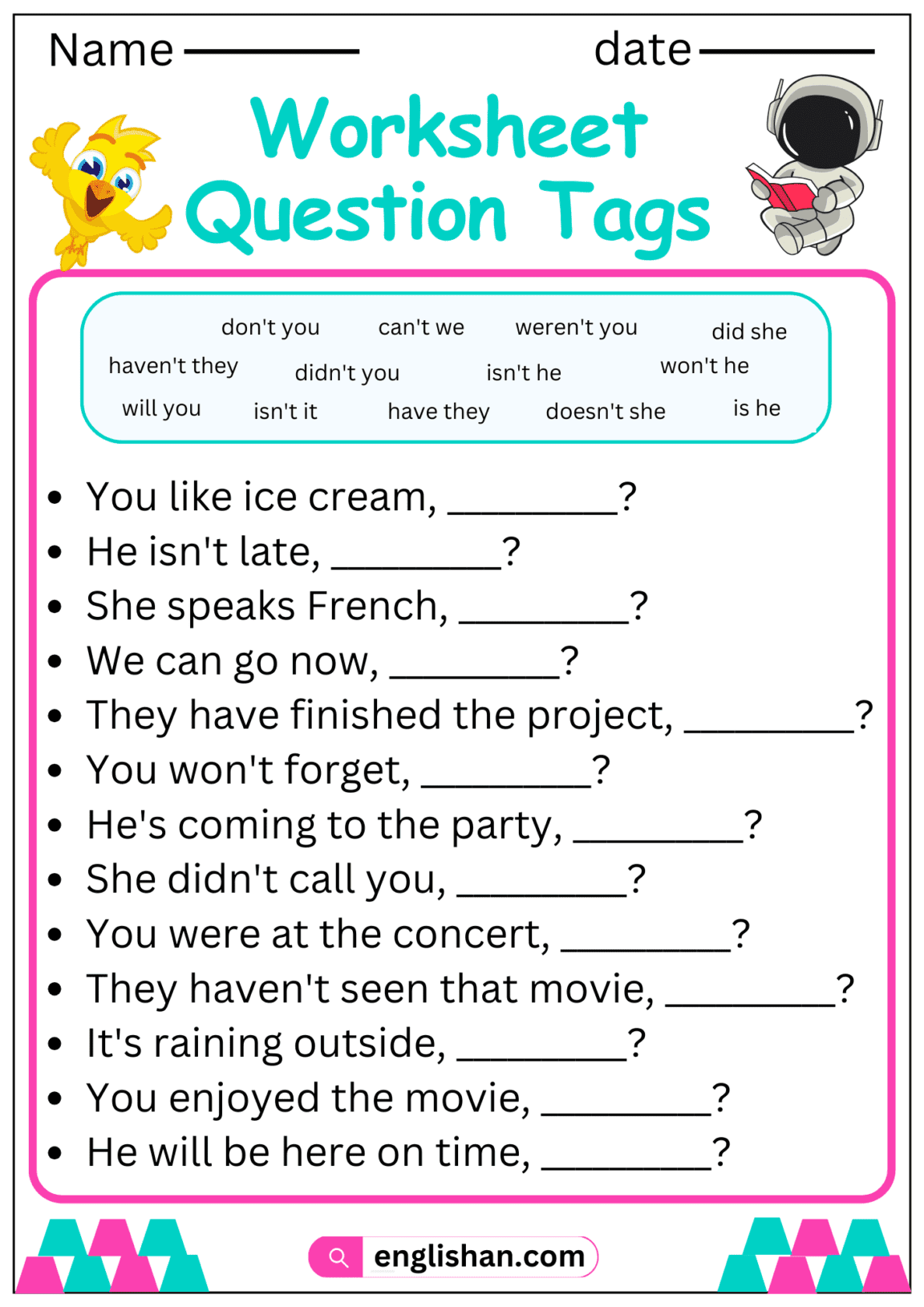 Worksheet Question Tags: Use of Question Tags in Sentences