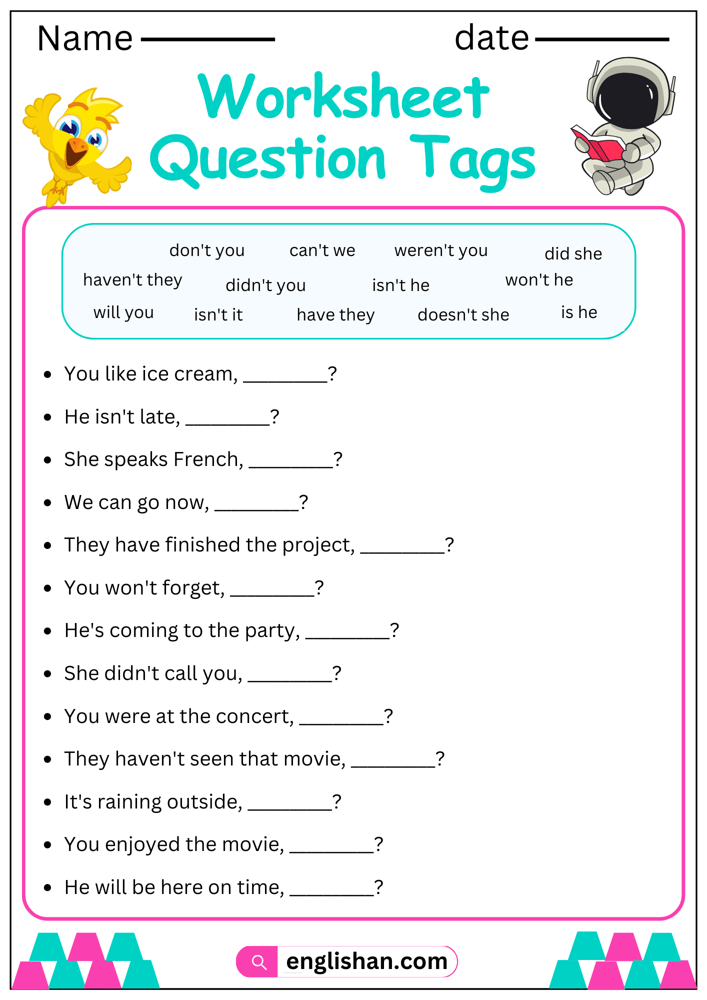 30 Sentences by using Question Tags Worksheet. How to use and Identify Question Tags. Question Tags Worksheets and Exercises