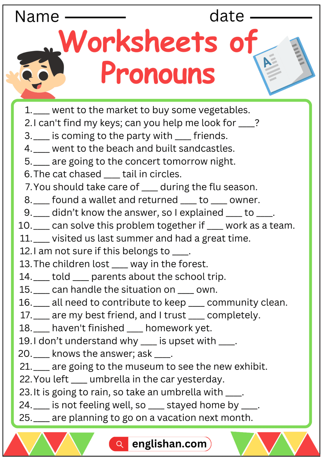 Worksheets of Pronoun: Use of Pronouns in Sentences