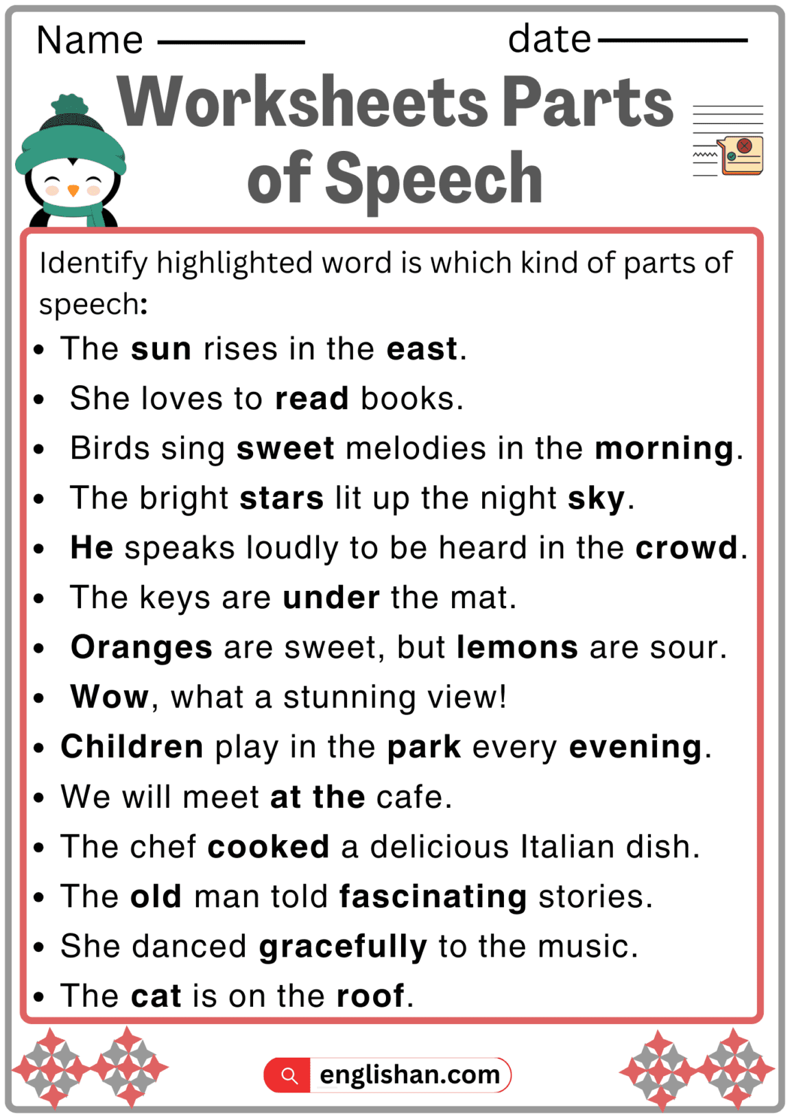 identifying parts of speech sentences worksheets