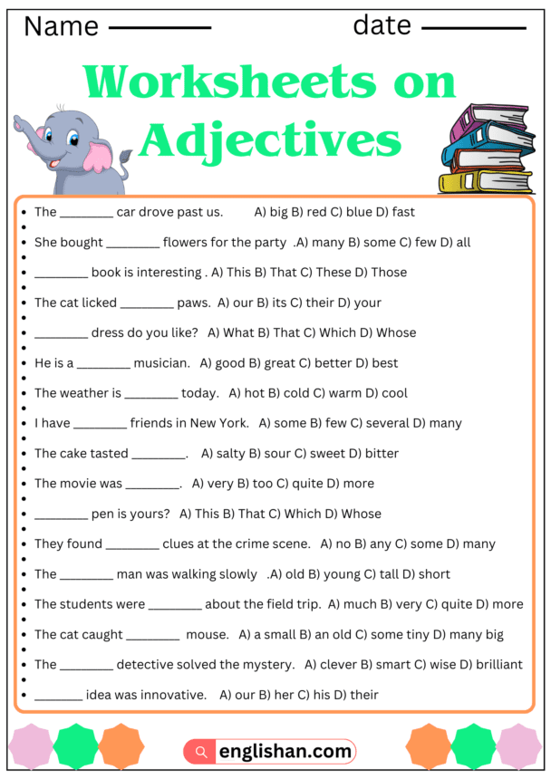 Worksheets on Adjectives: Use of Adjectives in Sentences