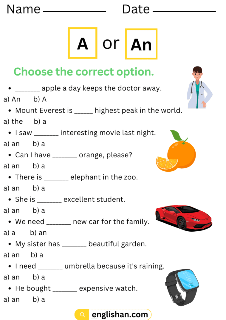 A or An Worksheets with Answers in English