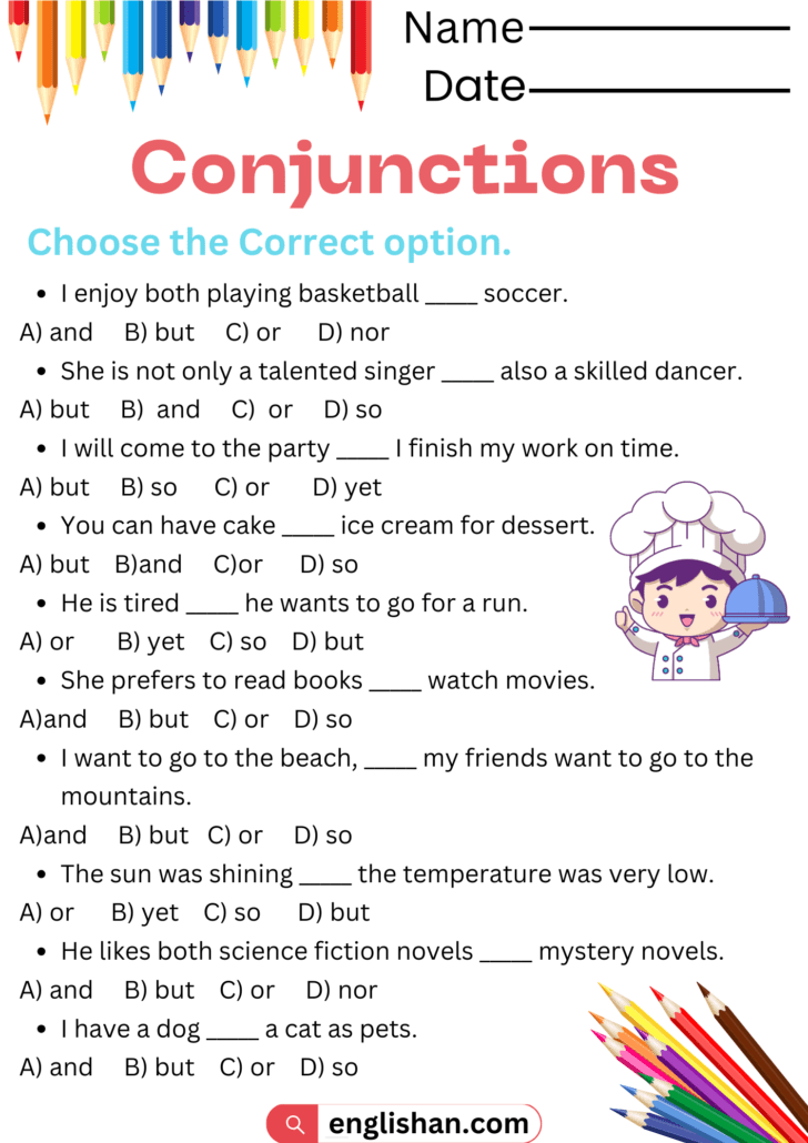 Conjunctions Worksheets and Exercises With Answers in English • Englishan