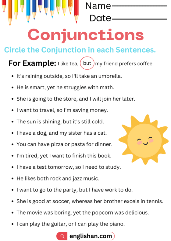 Conjunctions Worksheets and Exercises With Answers in English • Englishan