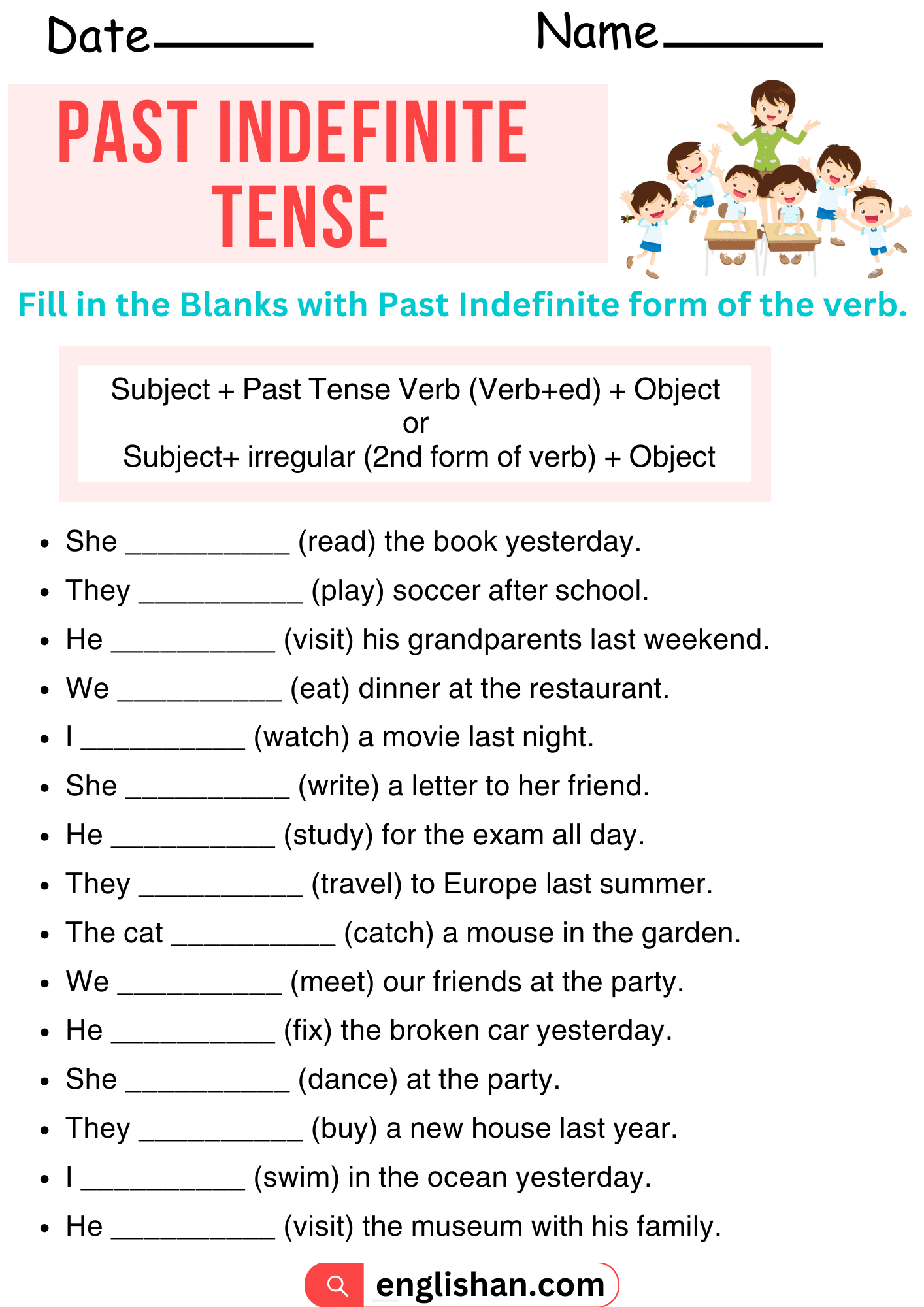 Past Indefinite Tense Worksheets and Exercises with Answers • Englishan