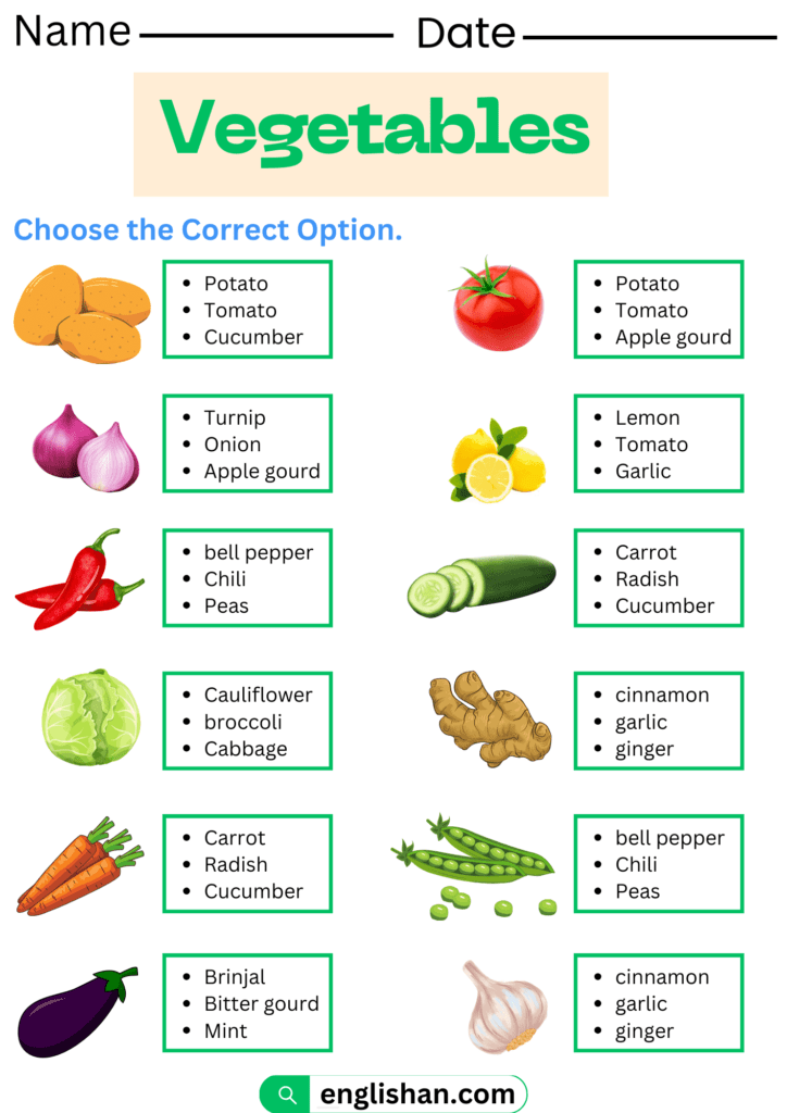 Vegetables Worksheets with Answers in English • Englishan