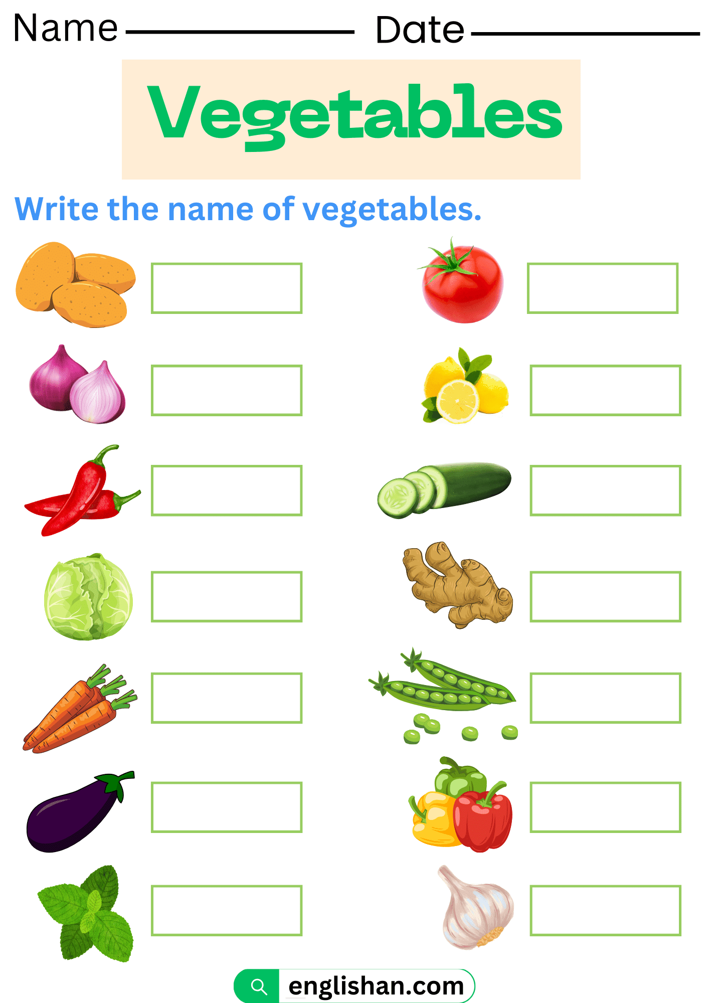 write vegetables names. vegetables Worksheets and Exercises.