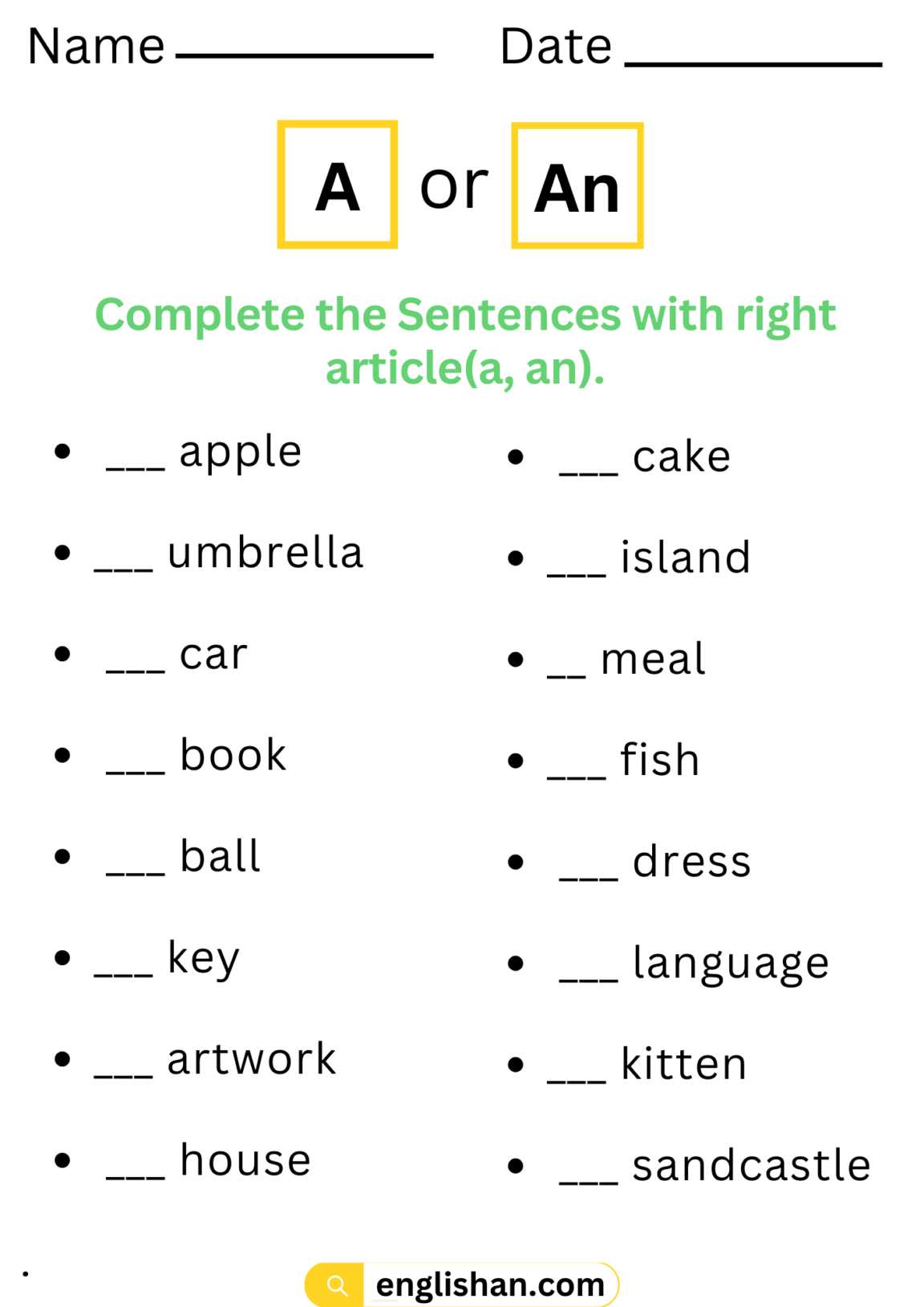 A or An Worksheets with Answers in English