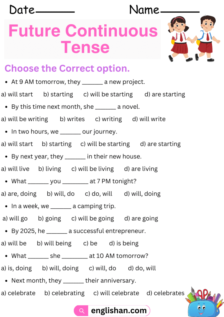 Future Continuous tense Worksheets and Exercises with Answers