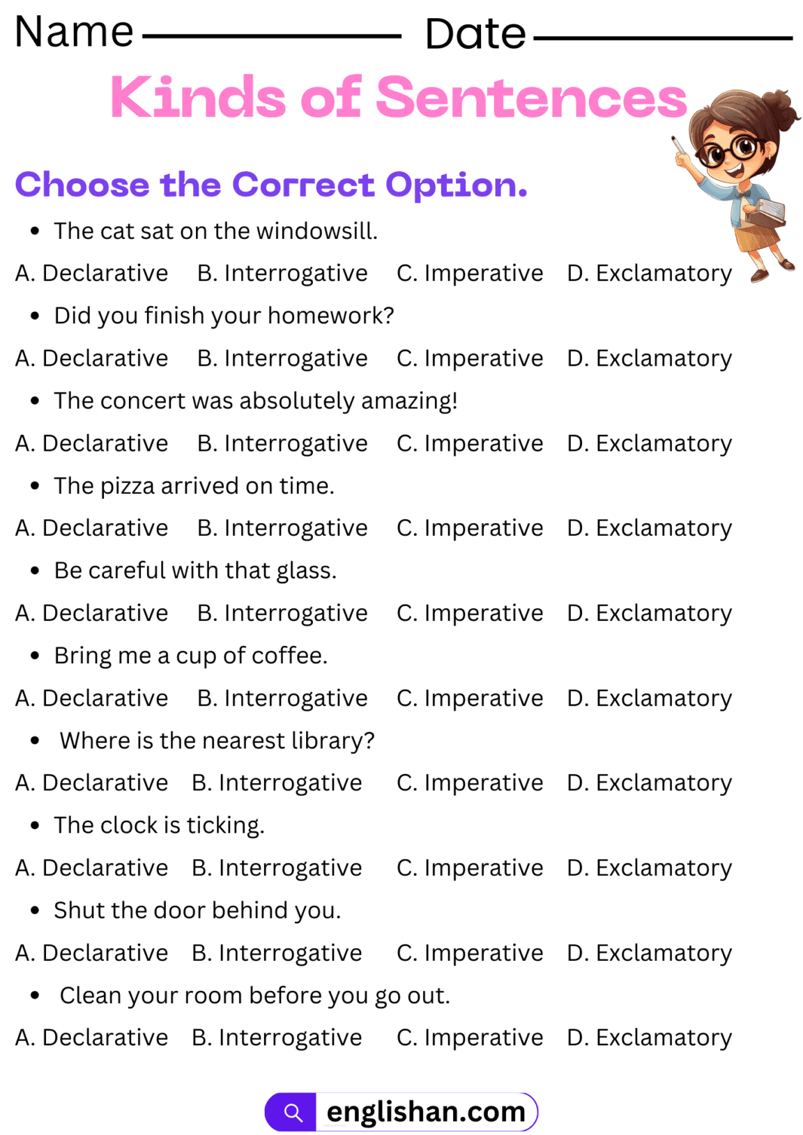 Kinds of sentences worksheets and exercises with answers
