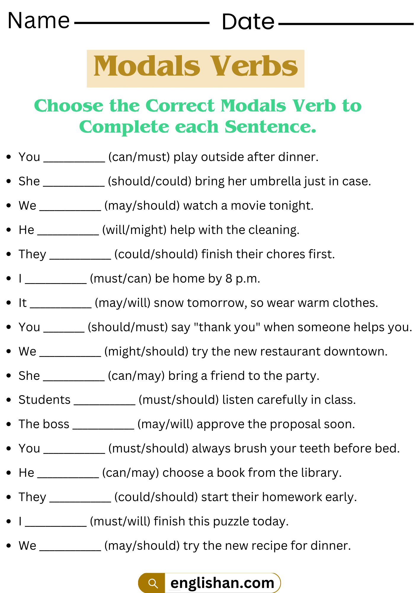 Choose the Correct Modals Verbs to Complete each Sentence. Modals Verbs Worksheets. 