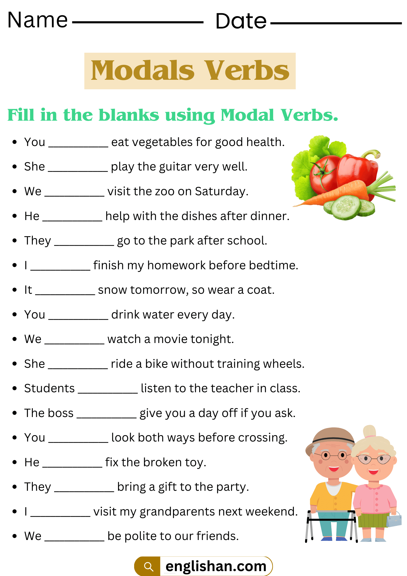 25 Fill in the blanks using Modals Verbs Worksheets.