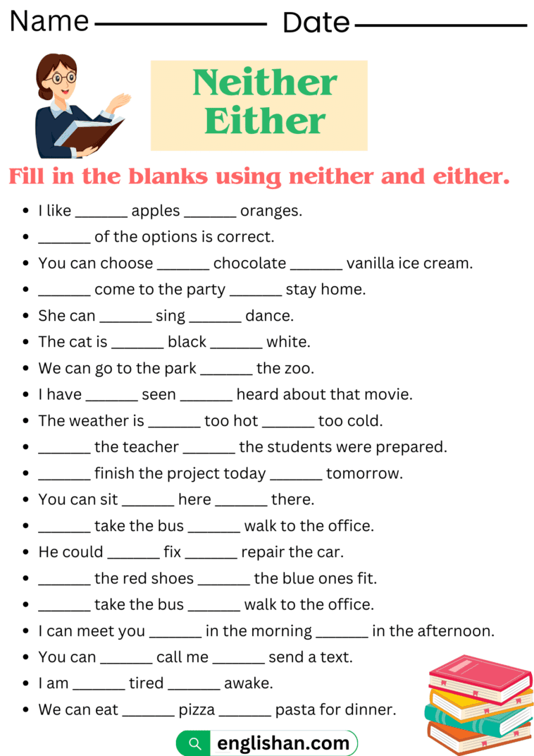 Neither Either Worksheets And Exercises With Answers In English Neither Either Worksheets And Exercises With Answers In English