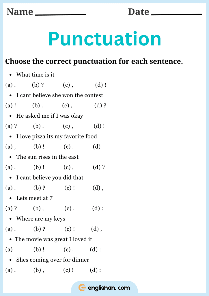  20 multiple choice Questions using Punctuation Worksheets.