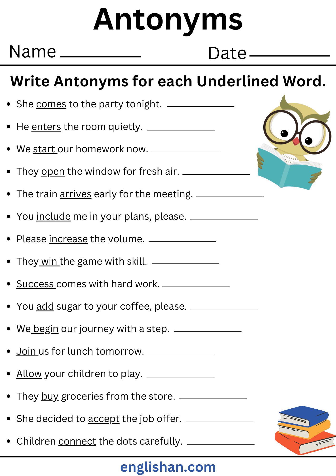 25 Sentences using Antonyms Worksheets. Write Antonyms for each Underlined Word. Antonyms Worksheets