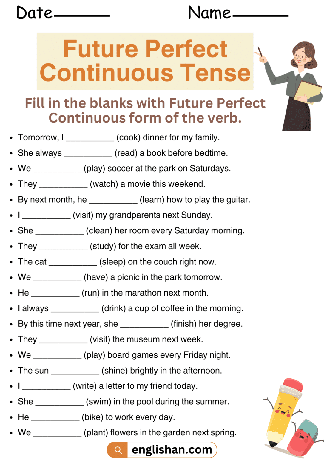 Future Perfect Continuous Worksheets and Exercises with Answers