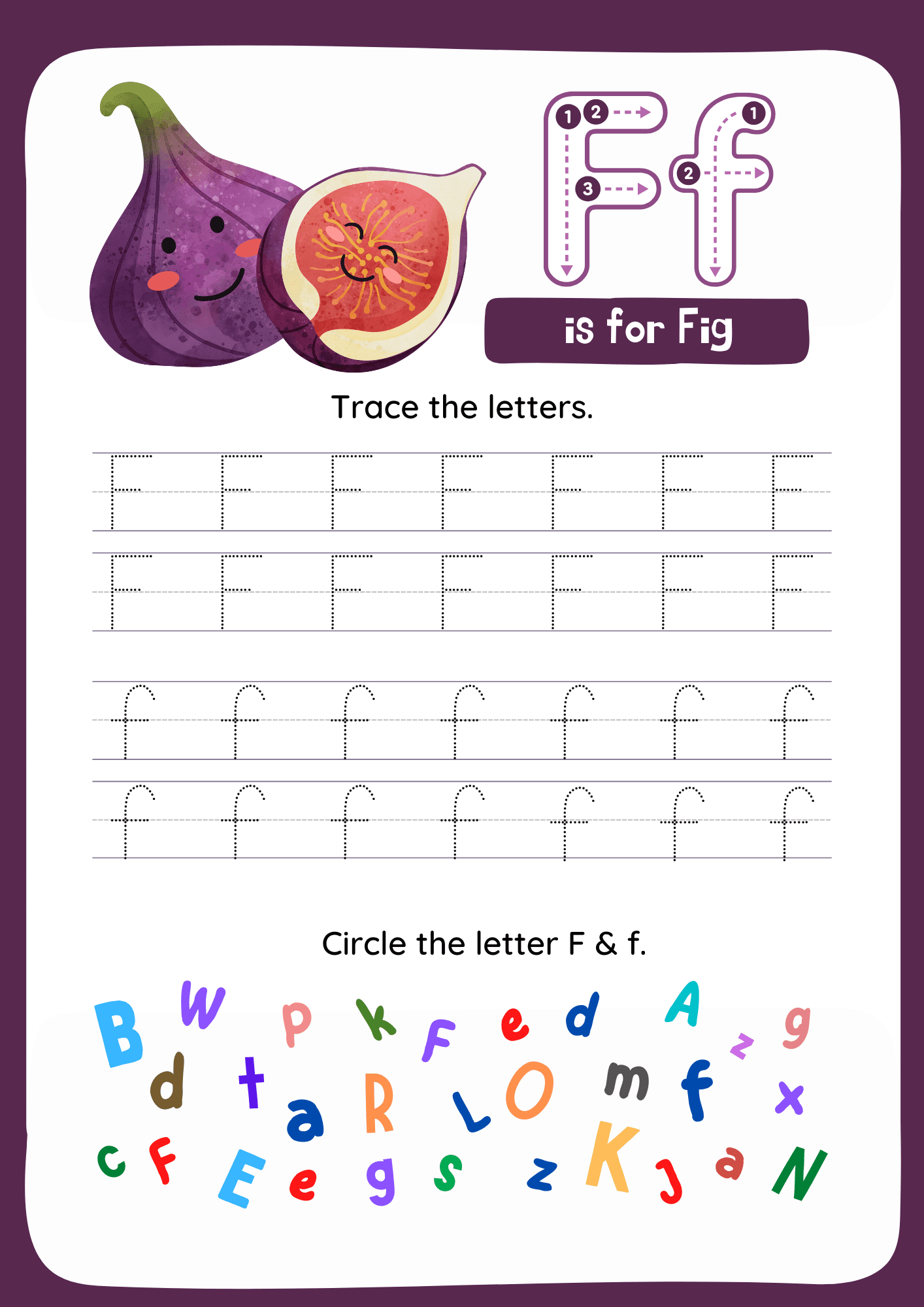 Ff Letters Tracing Worksheets. Trace the Words F and f.