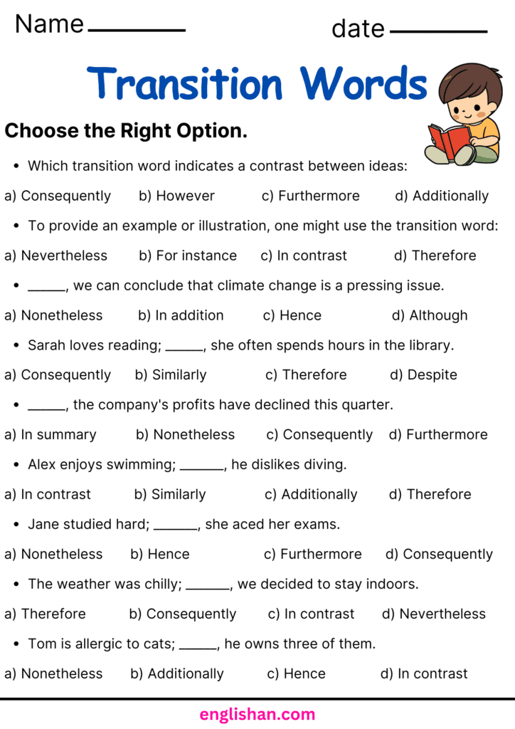 Transition Words Worksheets and Exercises with Answers