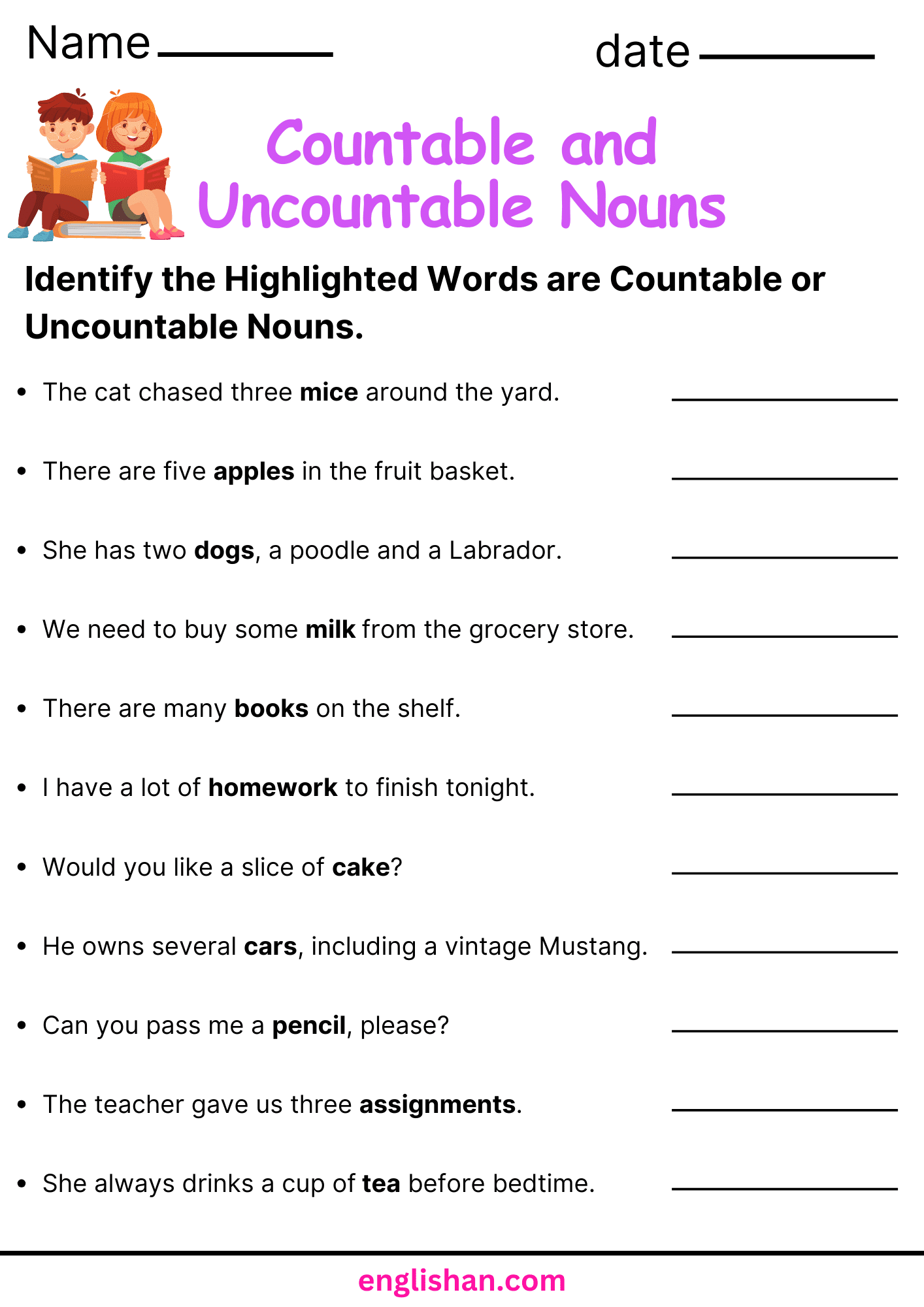 Countable and Uncountable Nouns Worksheet and Exercises. Identify Highlighted Words are Countable or Uncountable Nouns