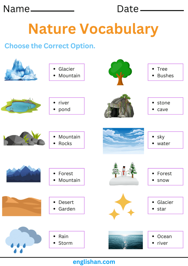 Nature vocabulary worksheets