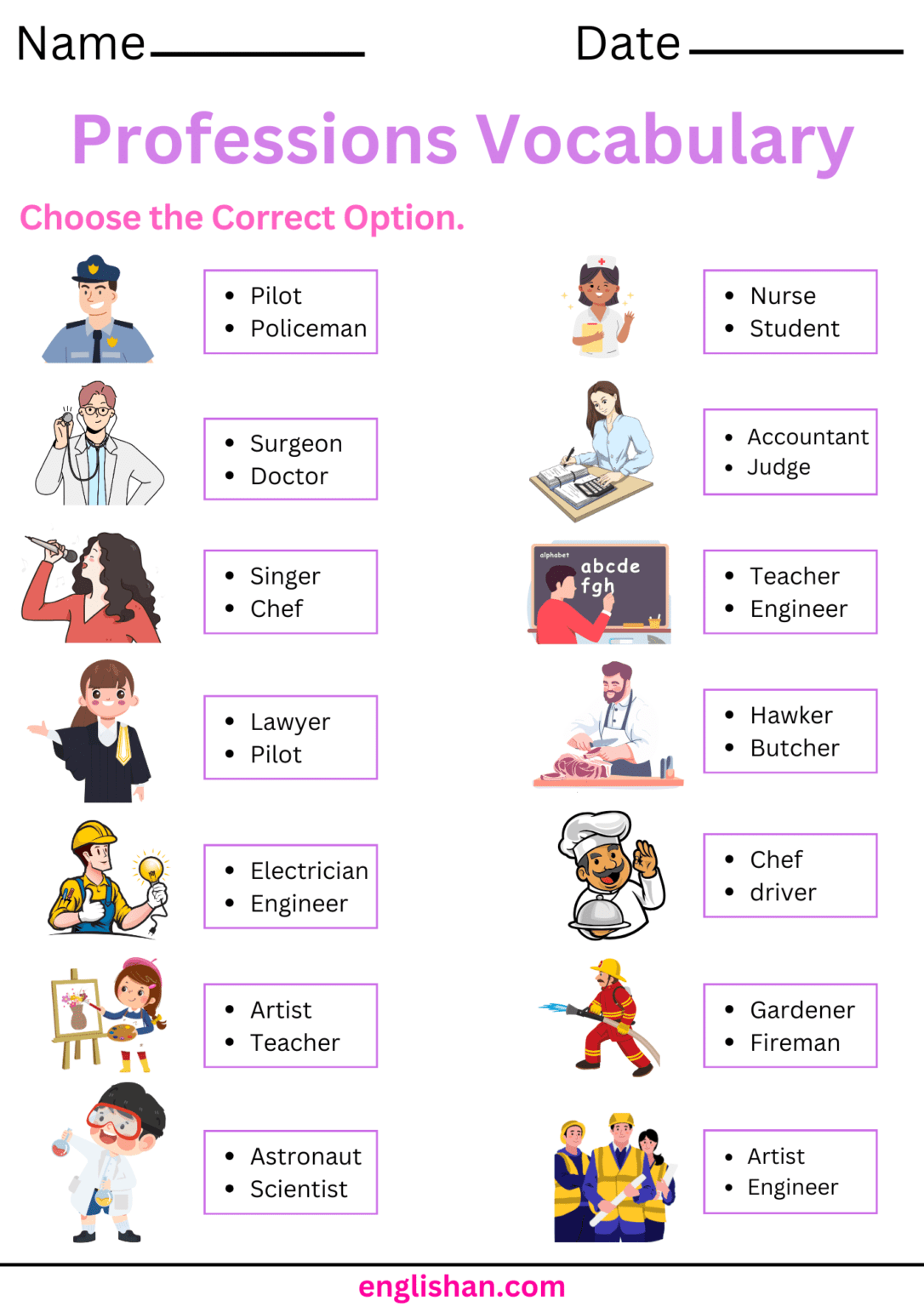 Professions Vocabulary Worksheet and Exercises