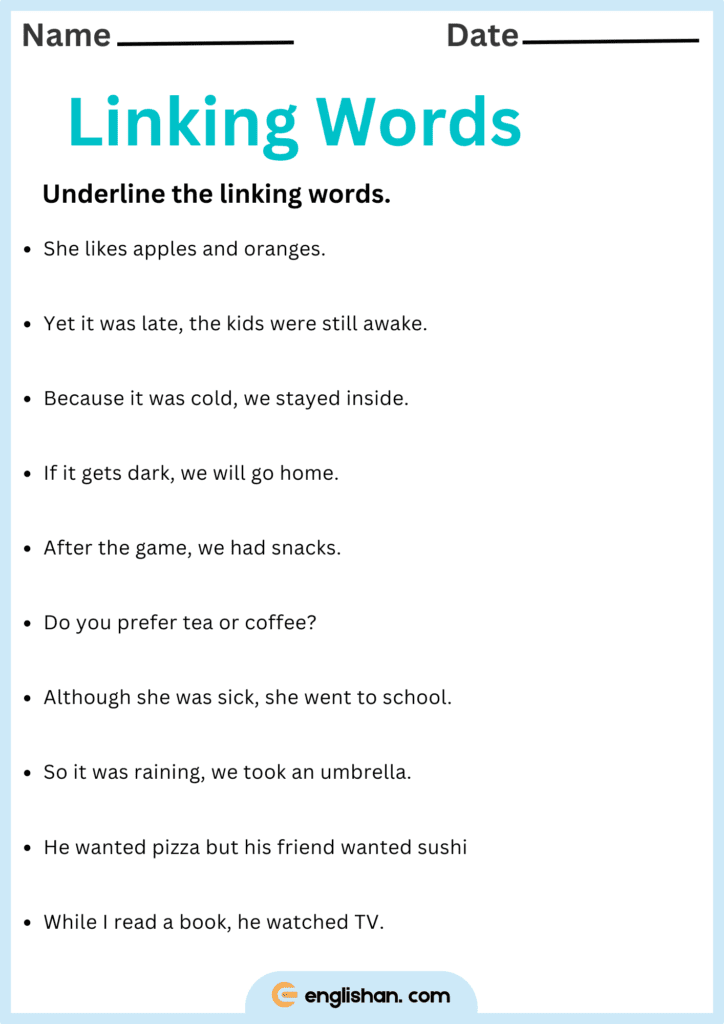 10 Sentences using Linking Words Worksheets and Exercises. Underline the Linking Words