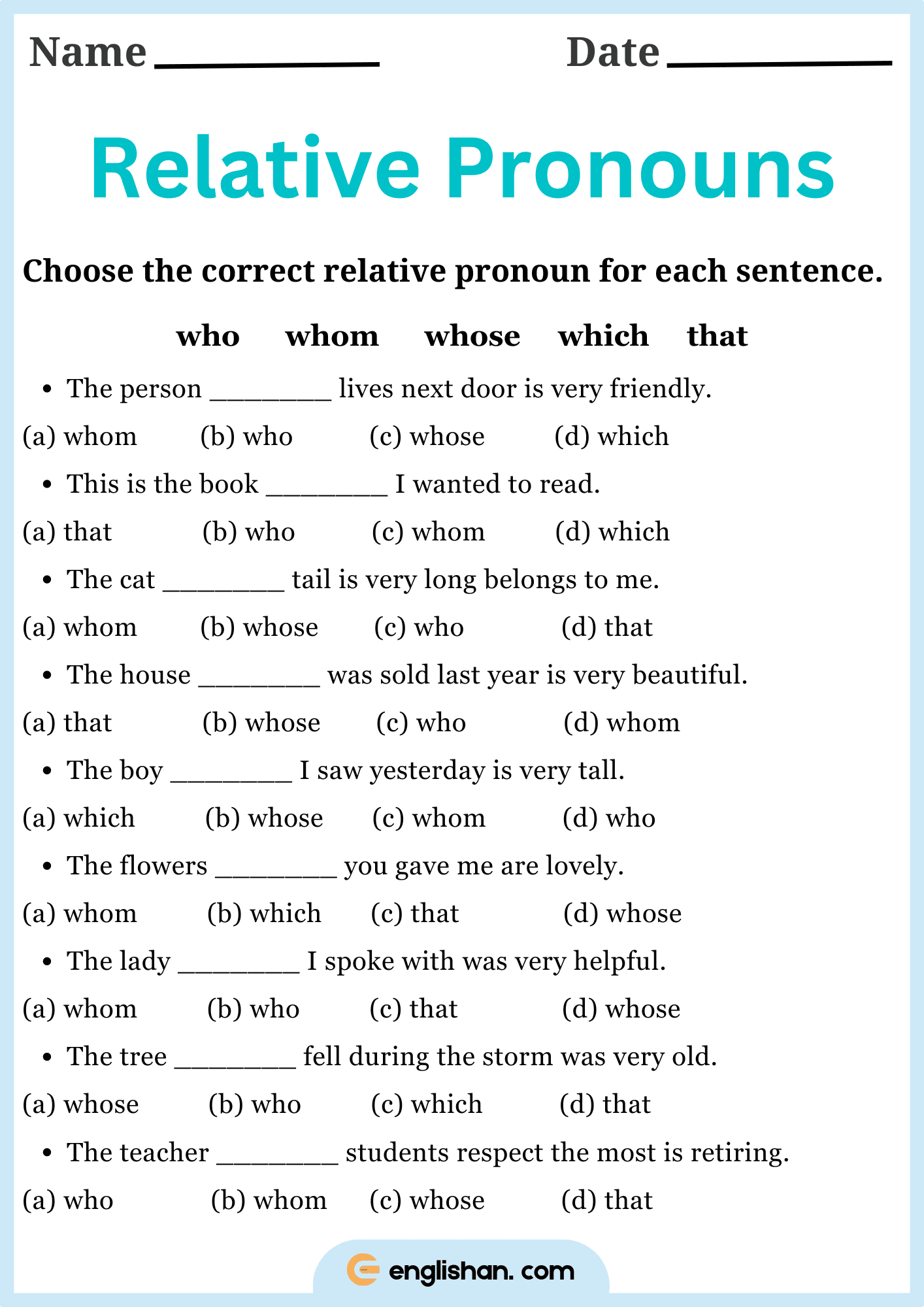 Understanding relative pronouns through multiple-choice questions for grammar practice.